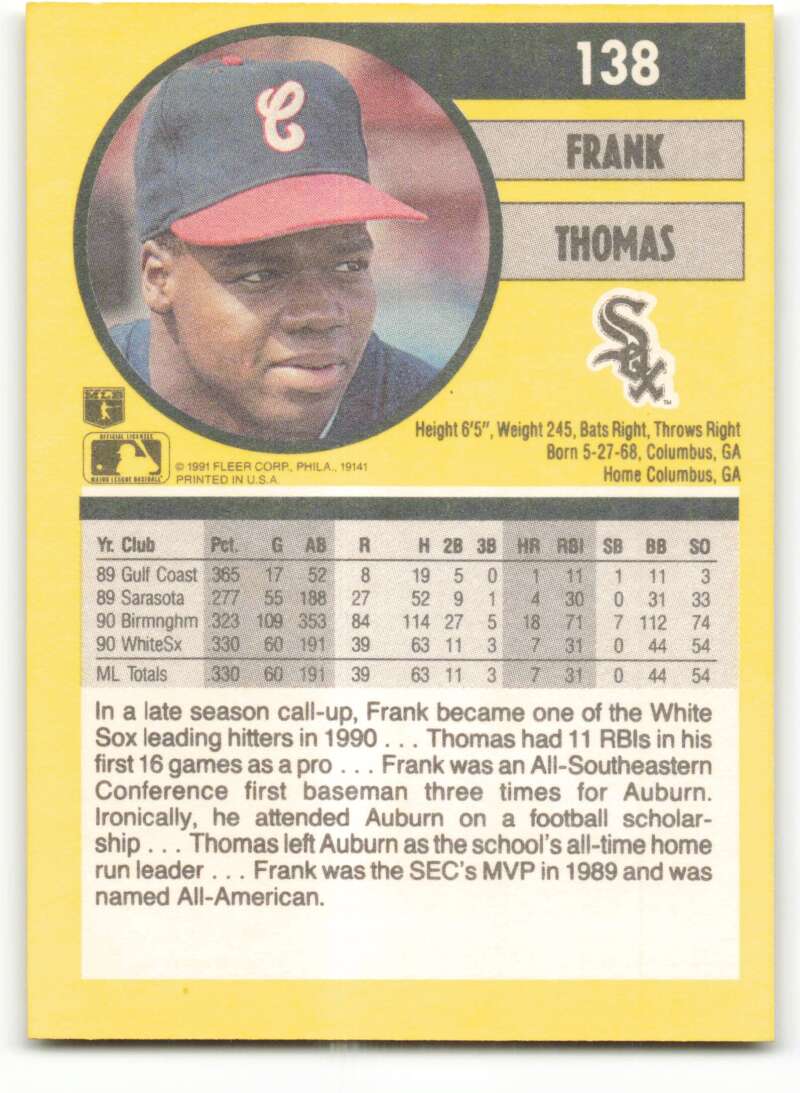 1991 Fleer Baseball #138 Frank Thomas  Chicago White Sox  Image 2