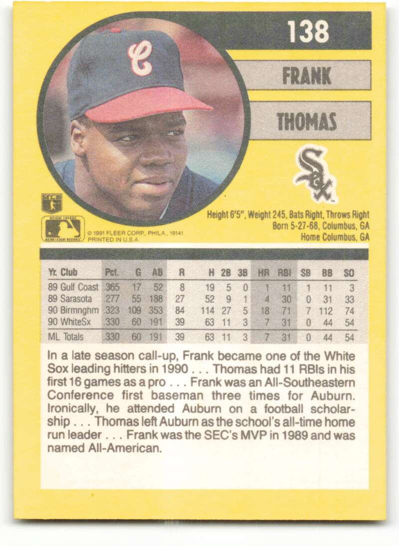 1991 Fleer Baseball #138 Frank Thomas Chicago White Sox Image 2