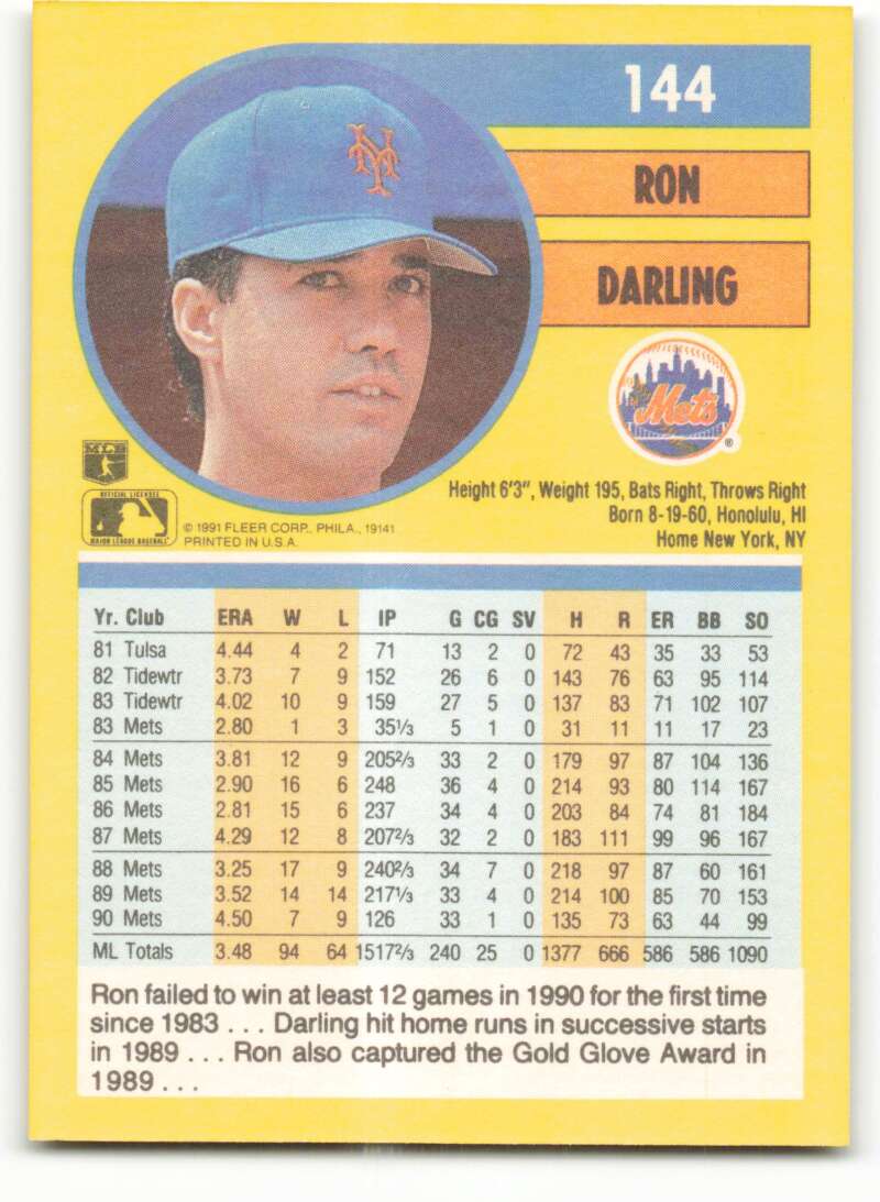 1991 Fleer Baseball #144 Ron Darling New York Mets Image 2