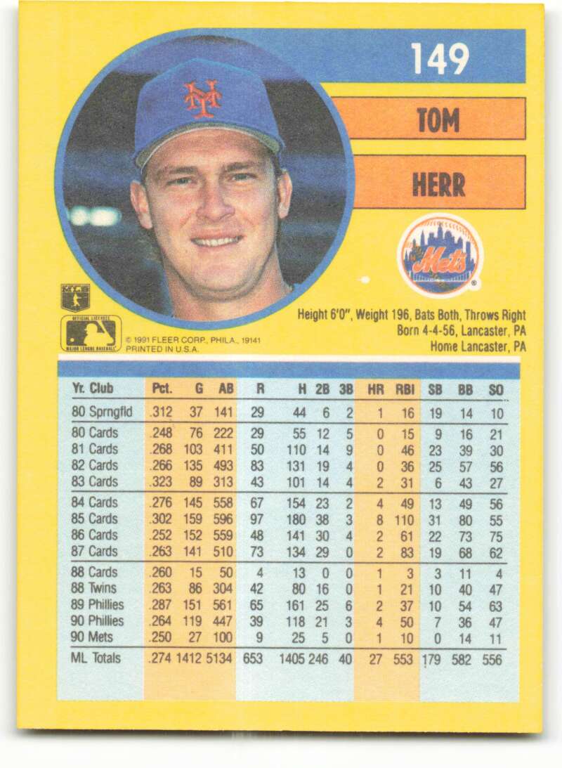 1991 Fleer Baseball #149 Tom Herr  New York Mets  Image 2