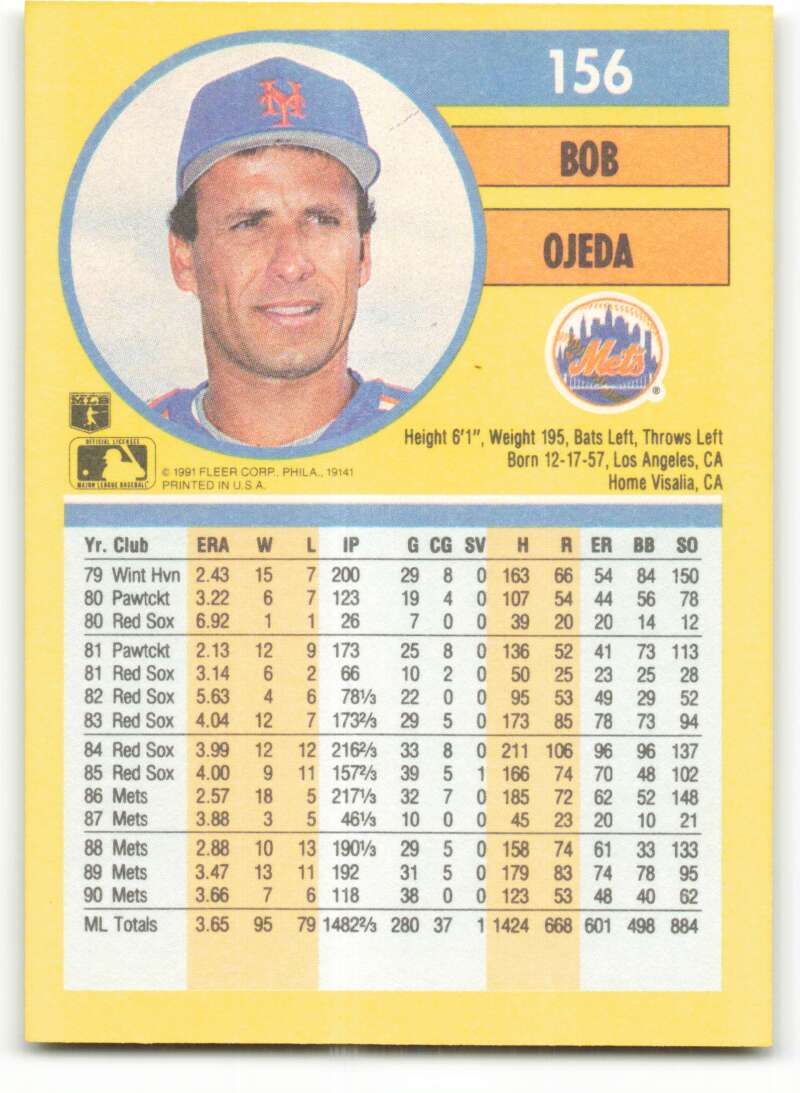 1991 Fleer Baseball #156 Bob Ojeda  New York Mets  Image 2