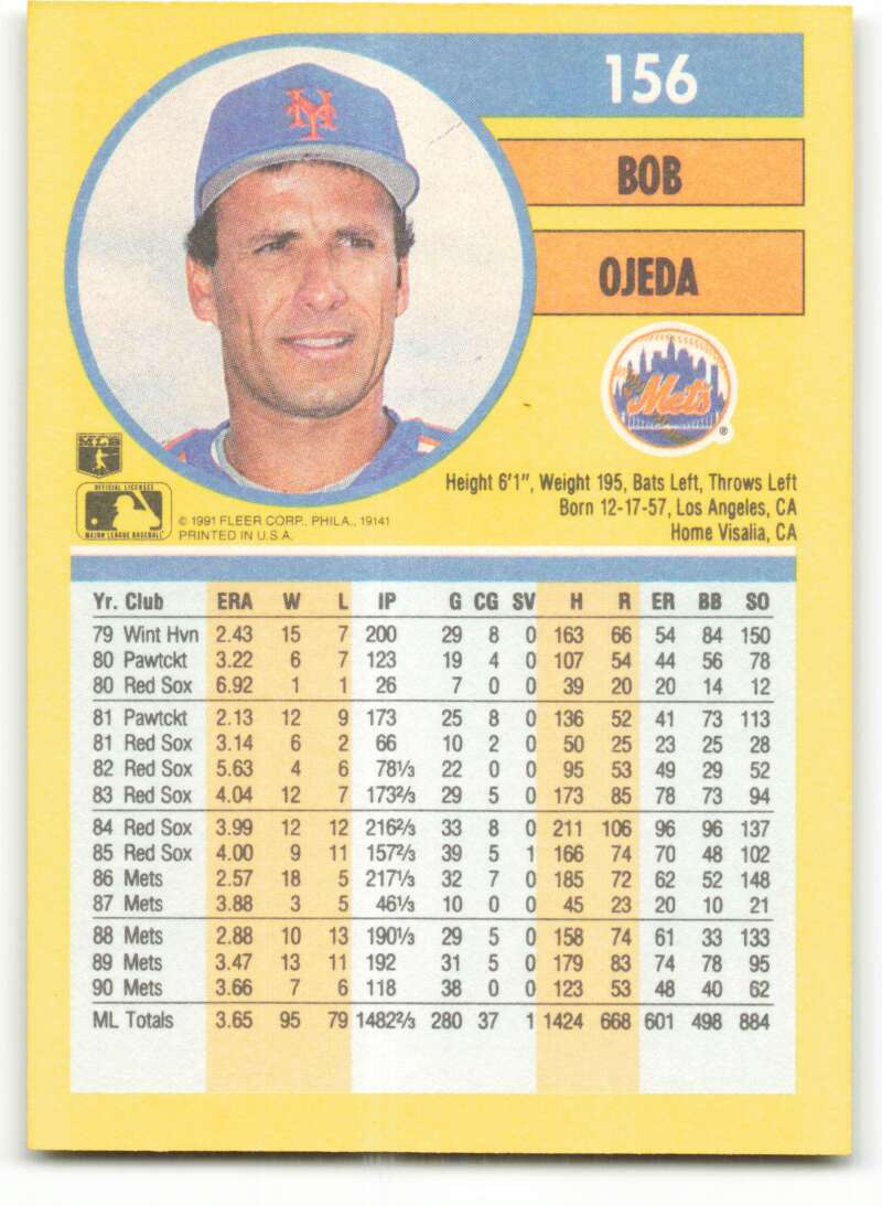 1991 Fleer Baseball #156 Bob Ojeda New York Mets Image 2