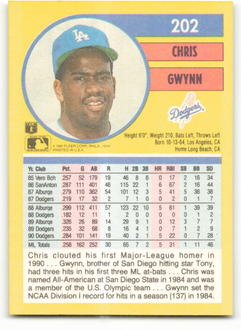 1991 Fleer Baseball #202 Chris Gwynn  Los Angeles Dodgers  Image 2