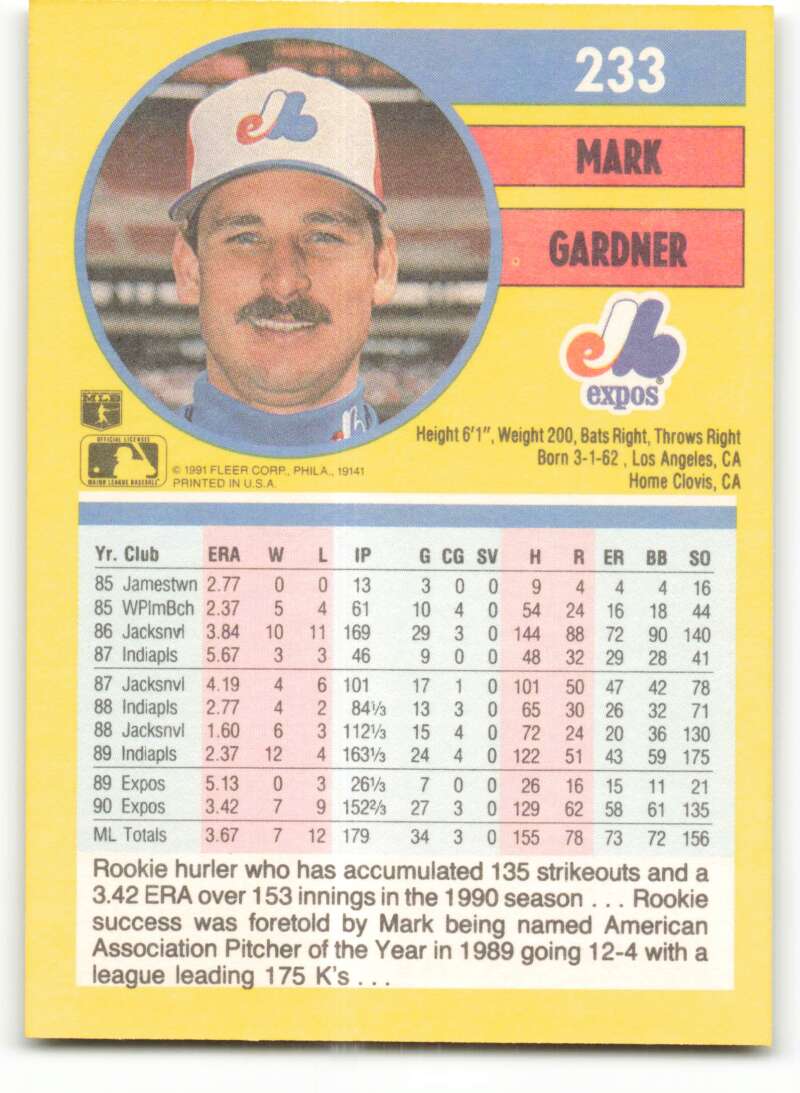 1991 Fleer Baseball #233 Mark Gardner Montreal Expos Image 2