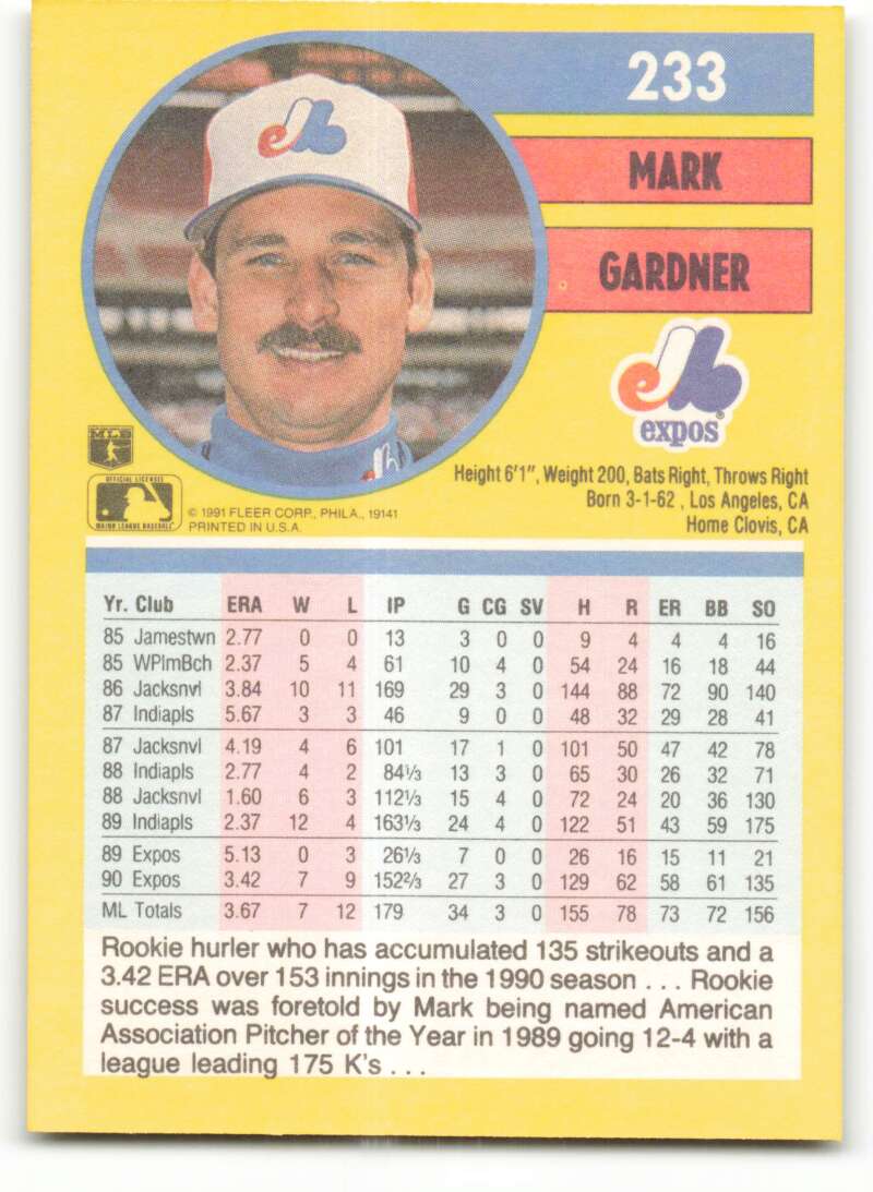 1991 Fleer Baseball #233 Mark Gardner  Montreal Expos  Image 2