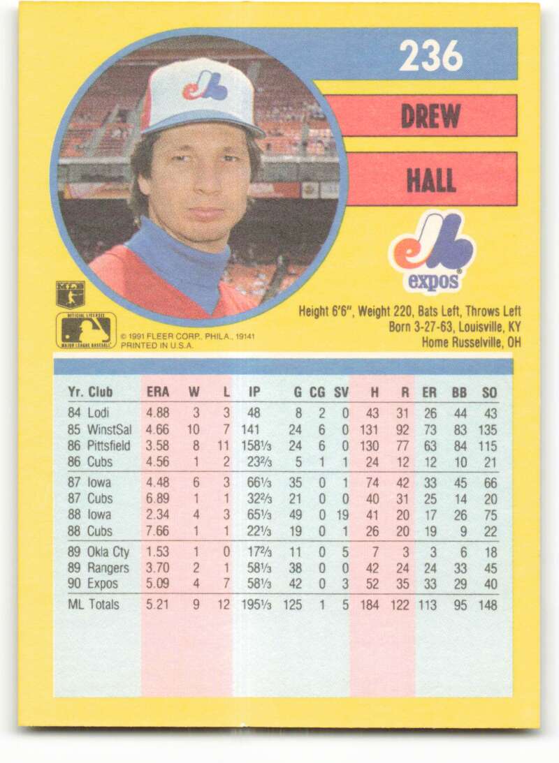 1991 Fleer Baseball #236 Drew Hall Montreal Expos Image 2