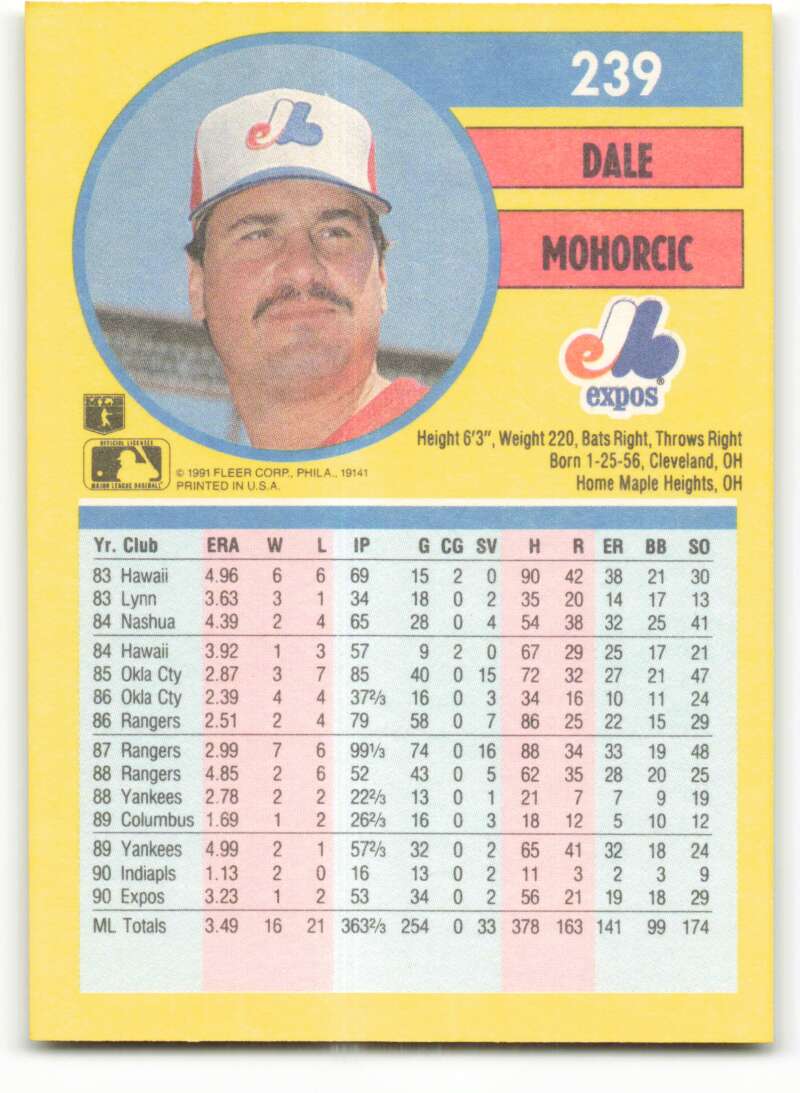 1991 Fleer Baseball #239 Dale Mohorcic Montreal Expos Image 2