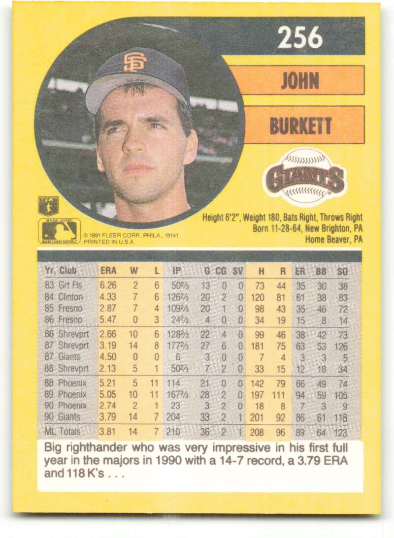 1991 Fleer Baseball #256 John Burkett  San Francisco Giants  Image 2