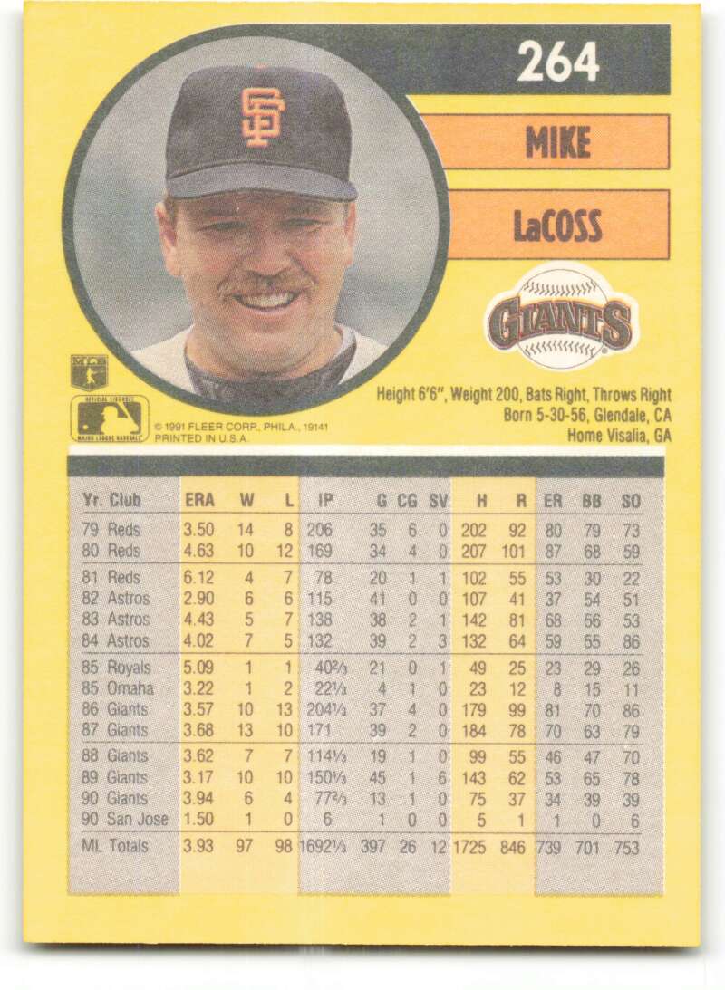 1991 Fleer Baseball #264 Mike LaCoss  San Francisco Giants  Image 2