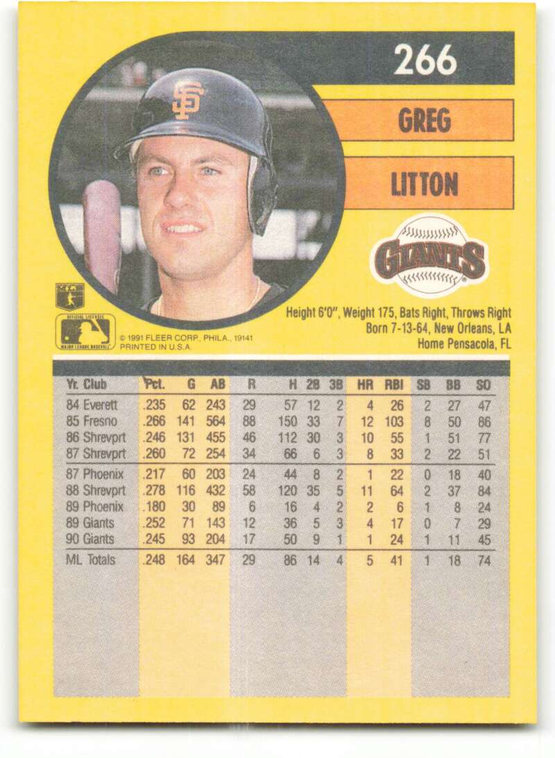 1991 Fleer Baseball #266 Greg Litton  San Francisco Giants  Image 2