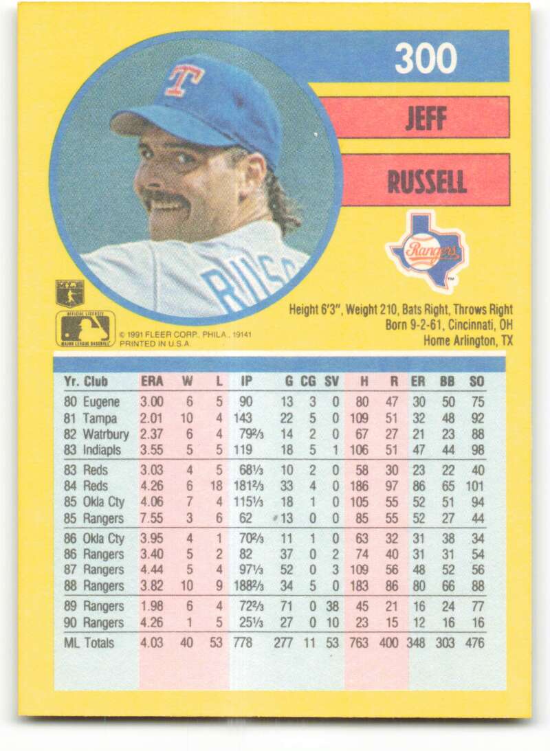 1991 Fleer Baseball #300 Jeff Russell Texas Rangers Image 2