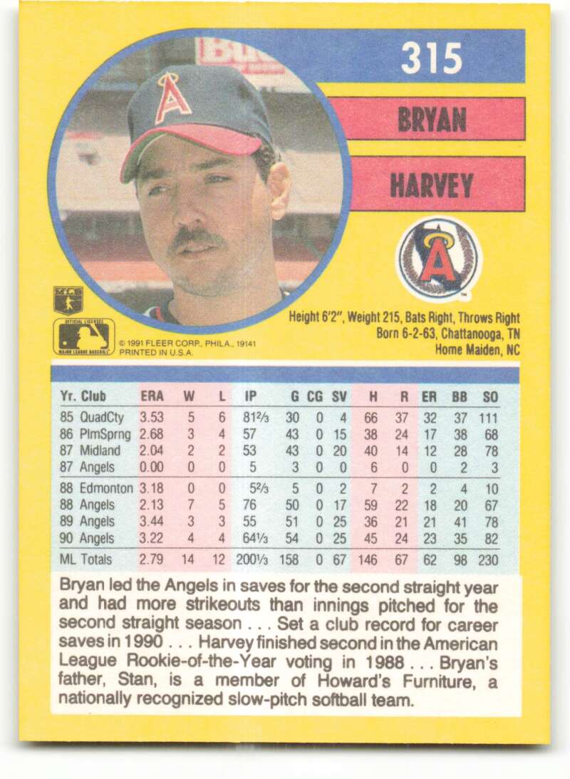 1991 Fleer Baseball #315 Bryan Harvey California Angels Image 2