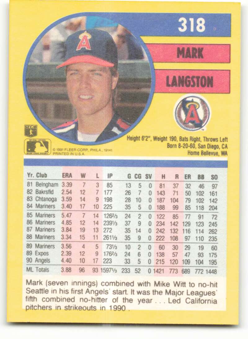 1991 Fleer Baseball #318 Mark Langston  California Angels  Image 2