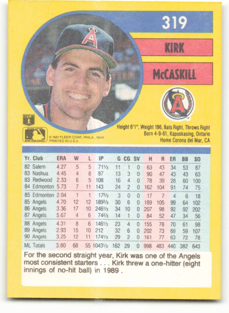 1991 Fleer Baseball #319 Kirk McCaskill California Angels Image 2