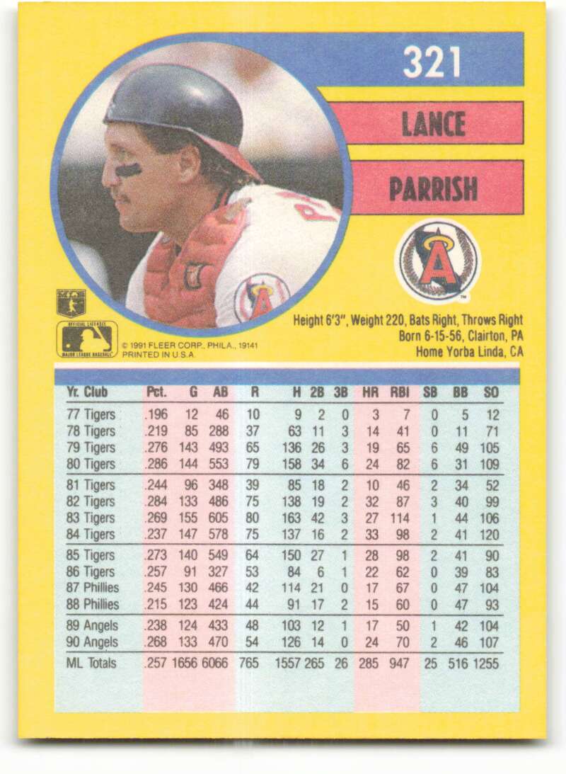 1991 Fleer Baseball #321 Lance Parrish California Angels Image 2