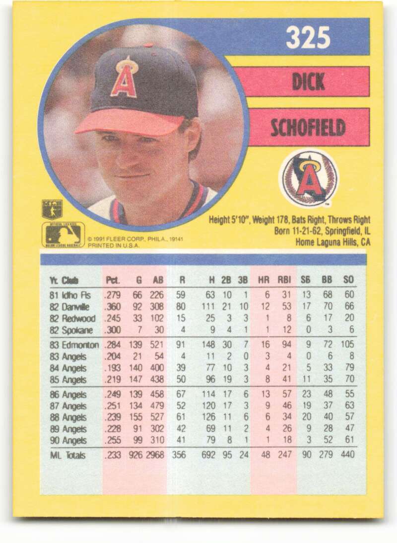 1991 Fleer Baseball #325 Dick Schofield California Angels Image 2