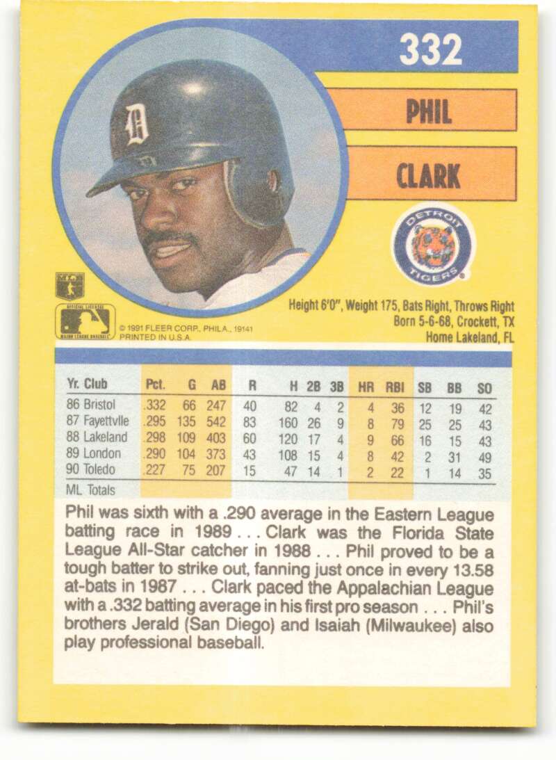 1991 Fleer Baseball #332 Phil Clark  RC Rookie Detroit Tigers  Image 2