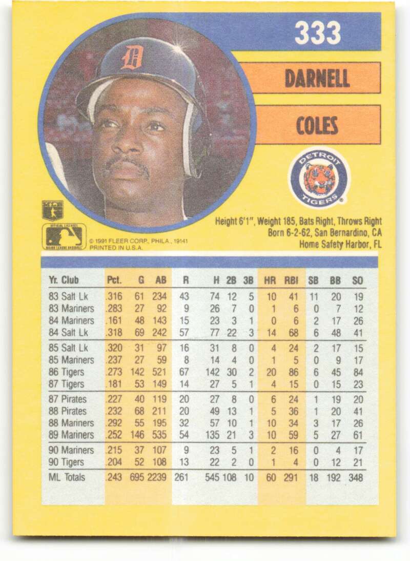 1991 Fleer Baseball #333 Darnell Coles Detroit Tigers Image 2