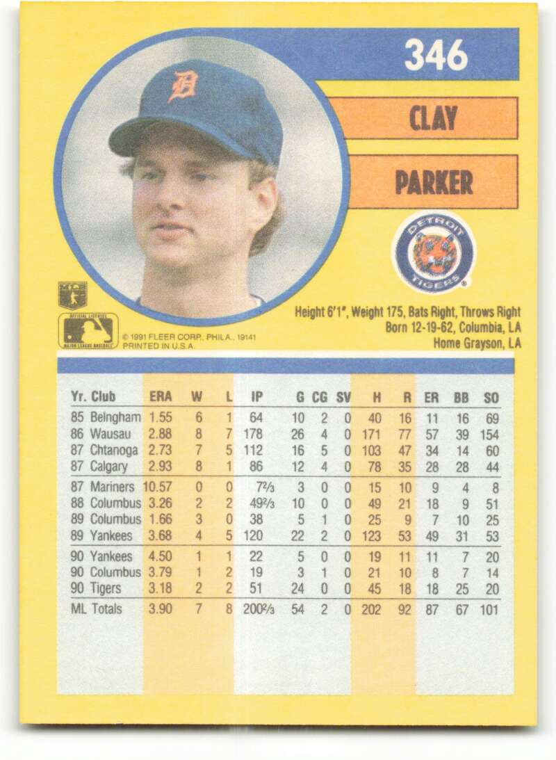 1991 Fleer Baseball #346 Clay Parker Detroit Tigers Image 2