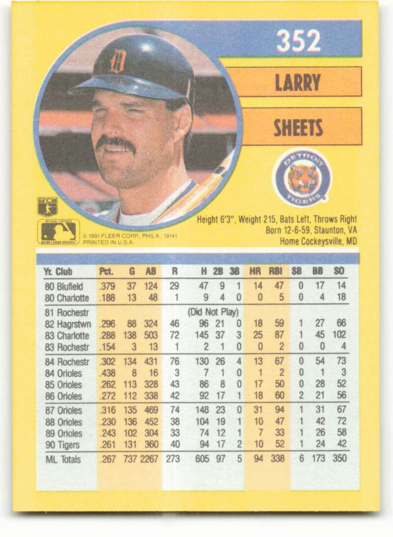 1991 Fleer Baseball #352 Larry Sheets Detroit Tigers Image 2