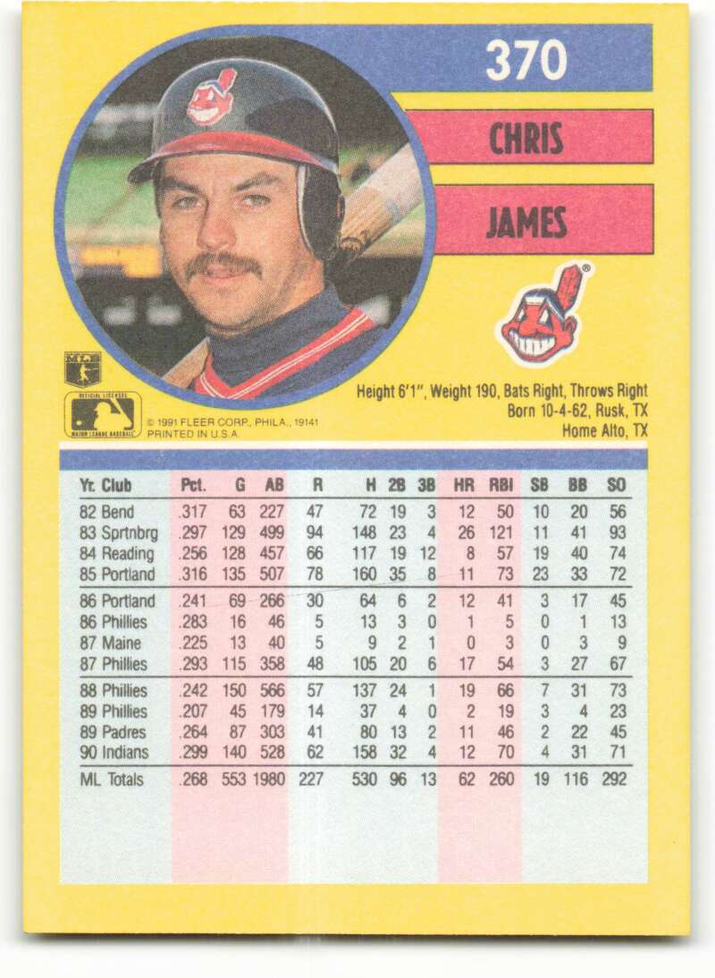 1991 Fleer Baseball #370 Chris James  Cleveland Indians  Image 2