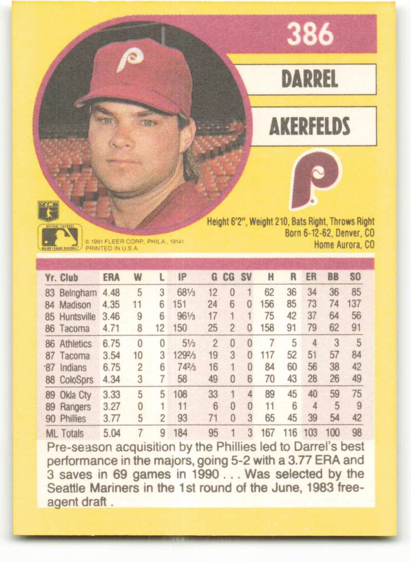 1991 Fleer Baseball #386 Darrel Akerfelds Philadelphia Phillies Image 2