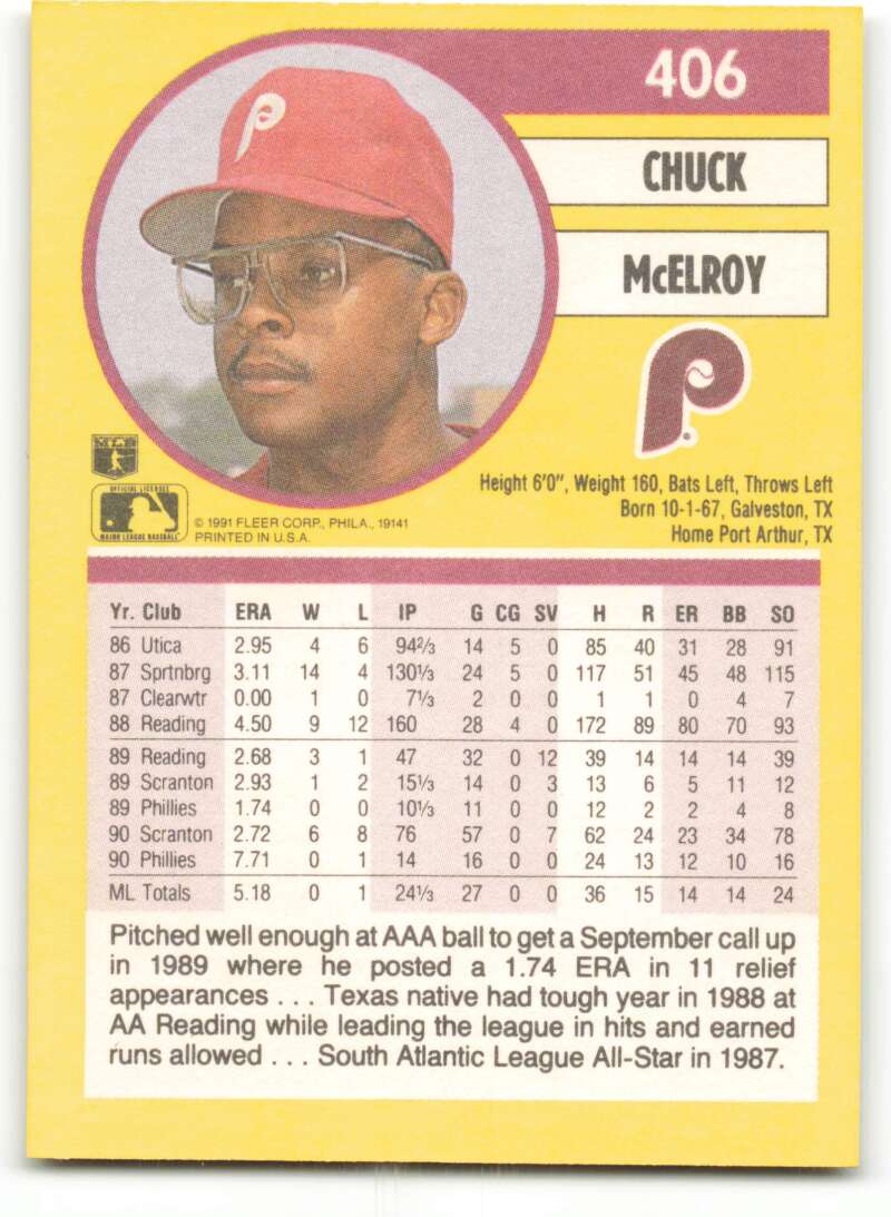 1991 Fleer Baseball #406 Chuck McElroy Philadelphia Phillies Image 2