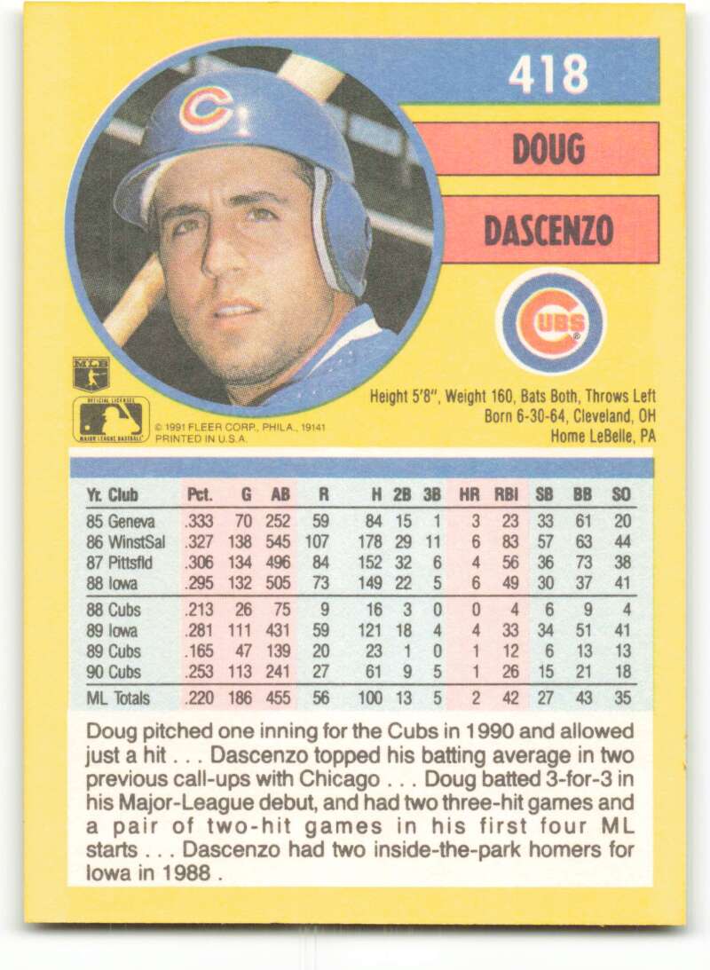 1991 Fleer Baseball #418 Doug Dascenzo Chicago Cubs Image 2