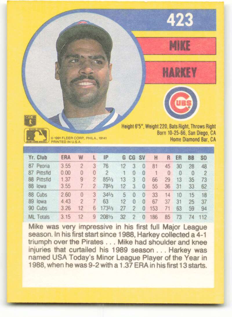 1991 Fleer Baseball #423 Mike Harkey Chicago Cubs Image 2