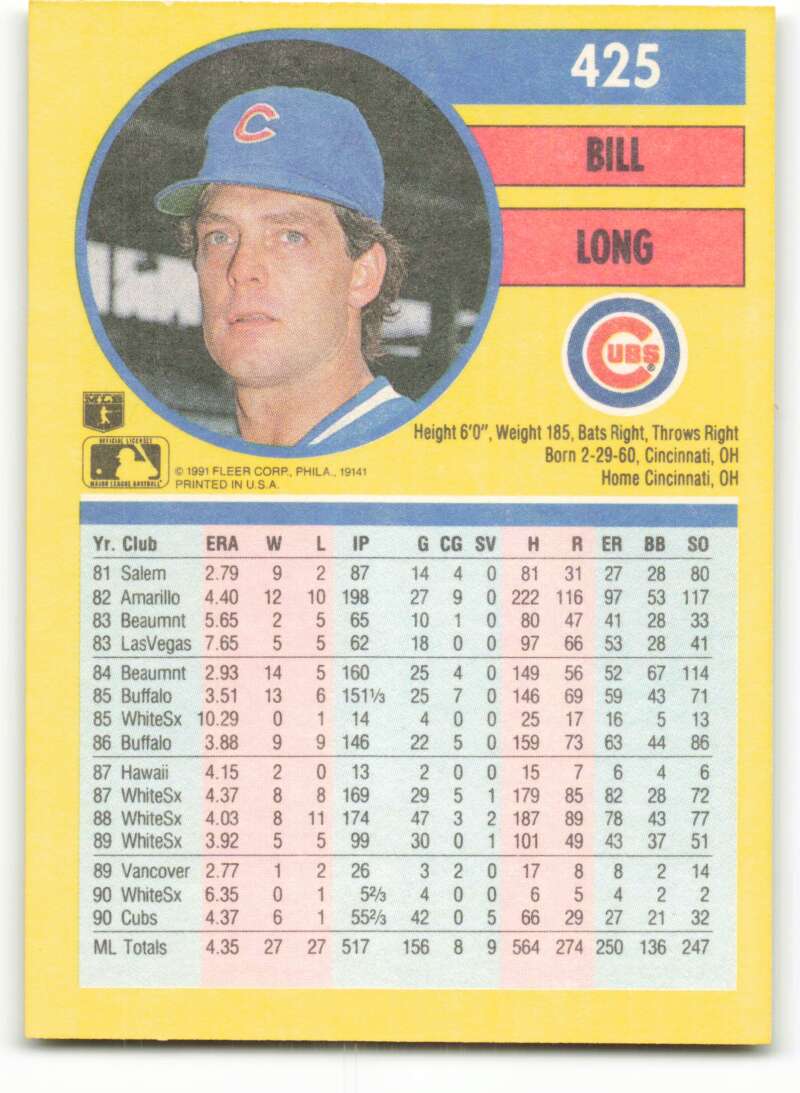 1991 Fleer Baseball #425 Bill Long Chicago Cubs Image 2