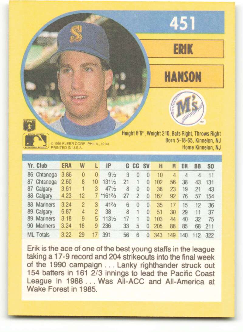 1991 Fleer Baseball #451 Erik Hanson Seattle Mariners Image 2