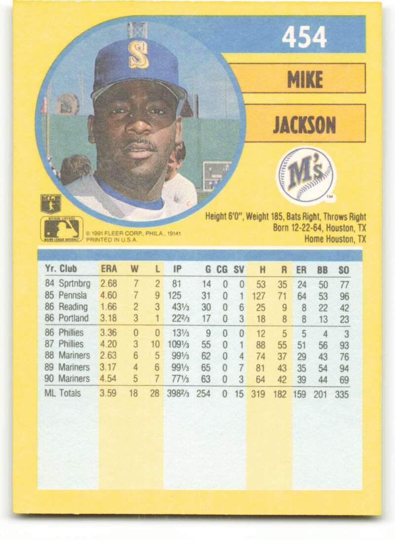 1991 Fleer Baseball #454 Mike Jackson Seattle Mariners Image 2
