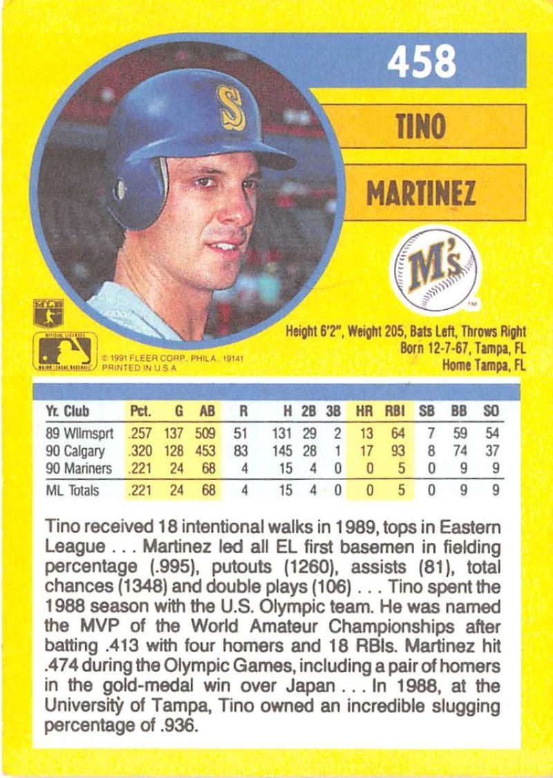 1991 Fleer Baseball #458 Tino Martinez Seattle Mariners Image 2
