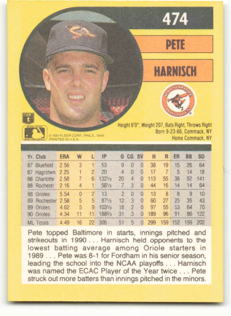 1991 Fleer Baseball #474 Pete Harnisch  Baltimore Orioles  Image 2