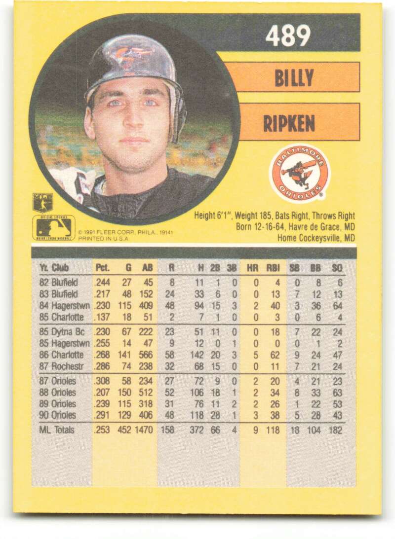 1991 Fleer Baseball #489 Billy Ripken Baltimore Orioles Image 2
