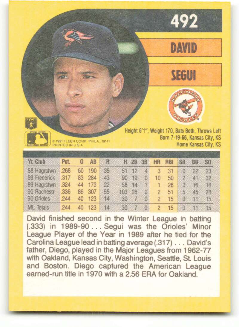 1991 Fleer Baseball #492 David Segui Baltimore Orioles Image 2