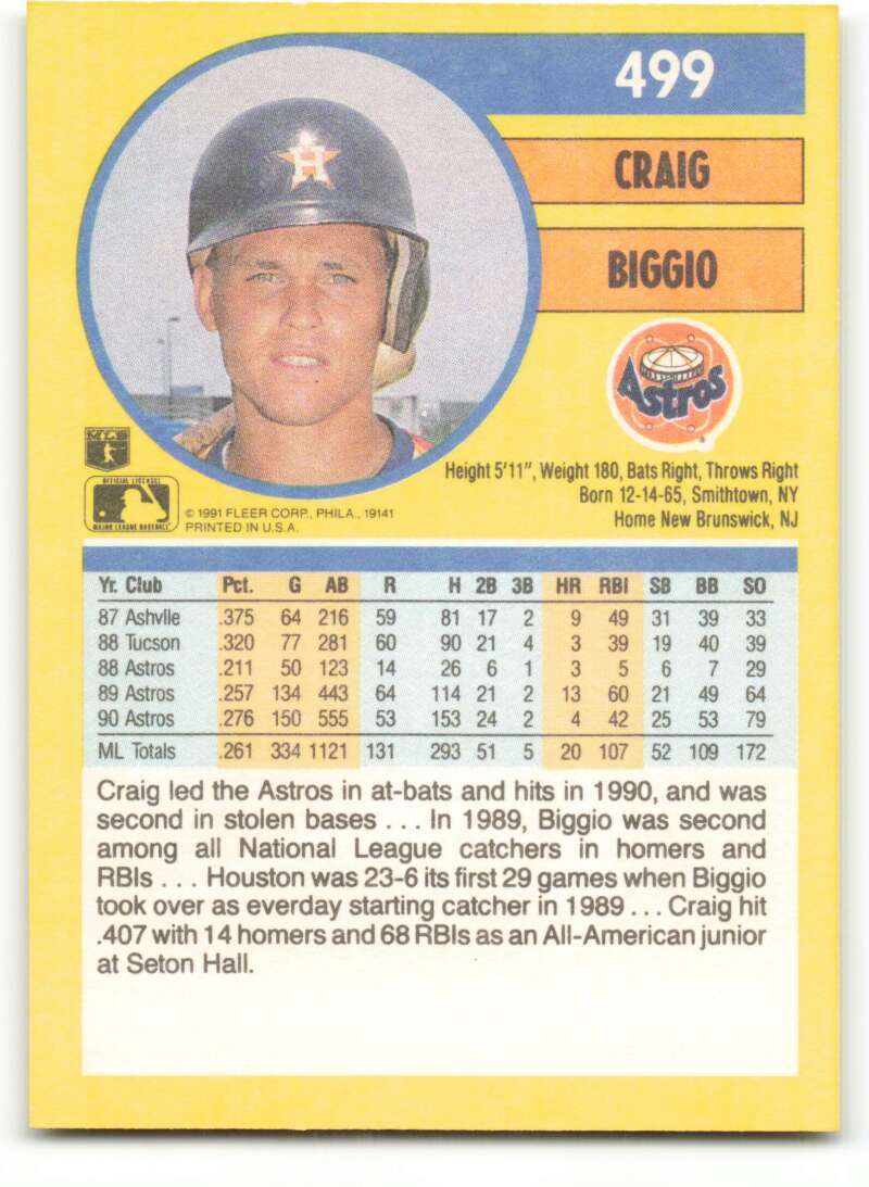 1991 Fleer Baseball #499 Craig Biggio  Houston Astros  Image 2