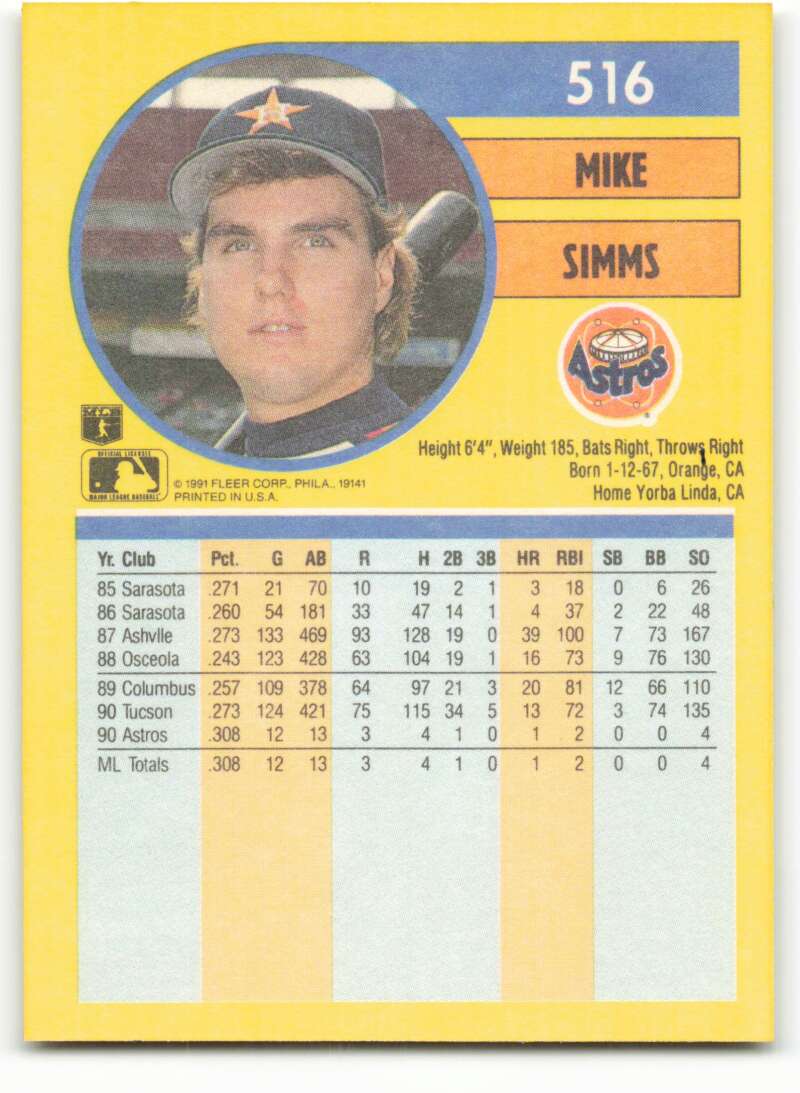 1991 Fleer Baseball #516 Mike Simms RC Rookie Houston Astros Image 2
