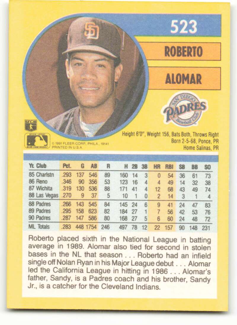 1991 Fleer Baseball #523 Roberto Alomar San Diego Padres Image 2