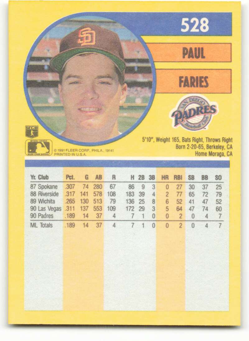 1991 Fleer Baseball #528 Paul Faries  RC Rookie San Diego Padres  Image 2