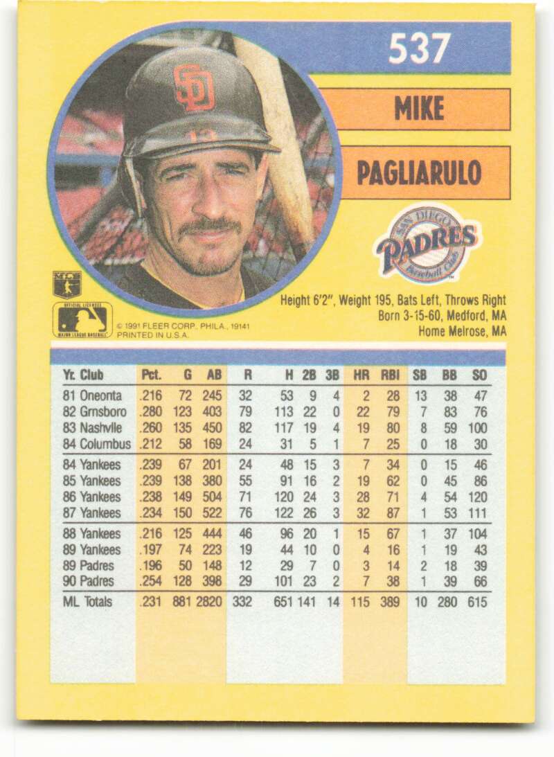1991 Fleer Baseball #537 Mike Pagliarulo San Diego Padres Image 2