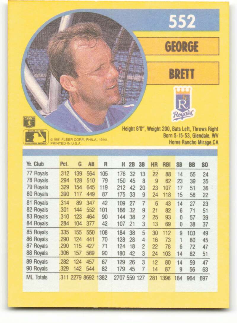 1991 Fleer Baseball #552 George Brett  Kansas City Royals  Image 2
