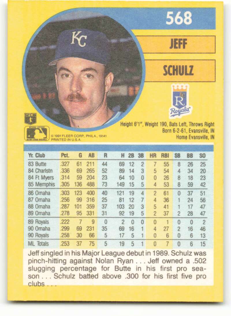 1991 Fleer Baseball #568 Jeff Schulz RC Rookie Kansas City Royals Image 2