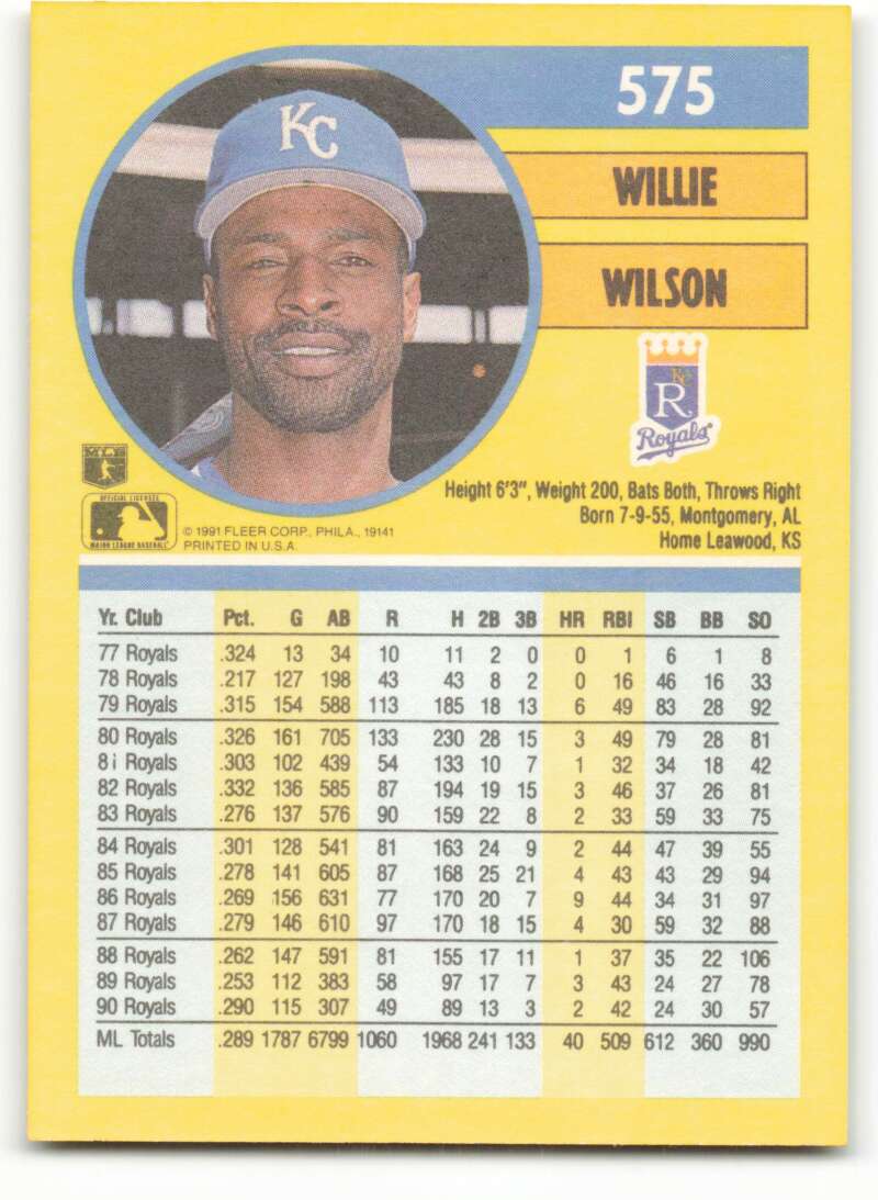 1991 Fleer Baseball #575 Willie Wilson Kansas City Royals Image 2