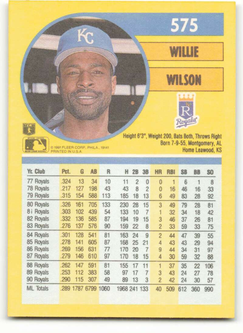 1991 Fleer Baseball #575 Willie Wilson  Kansas City Royals  Image 2