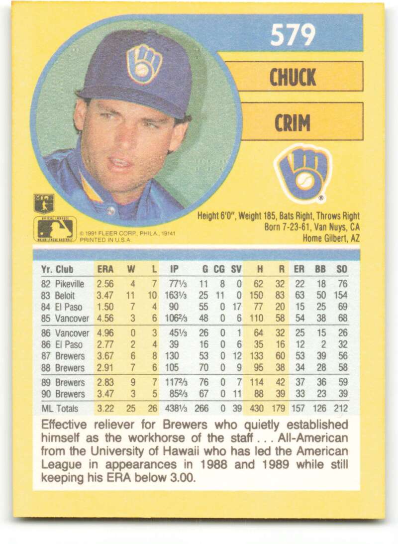 1991 Fleer Baseball #579 Chuck Crim Milwaukee Brewers Image 2
