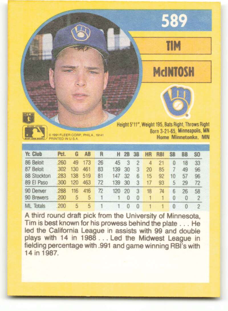 1991 Fleer Baseball #589 Tim McIntosh Milwaukee Brewers Image 2
