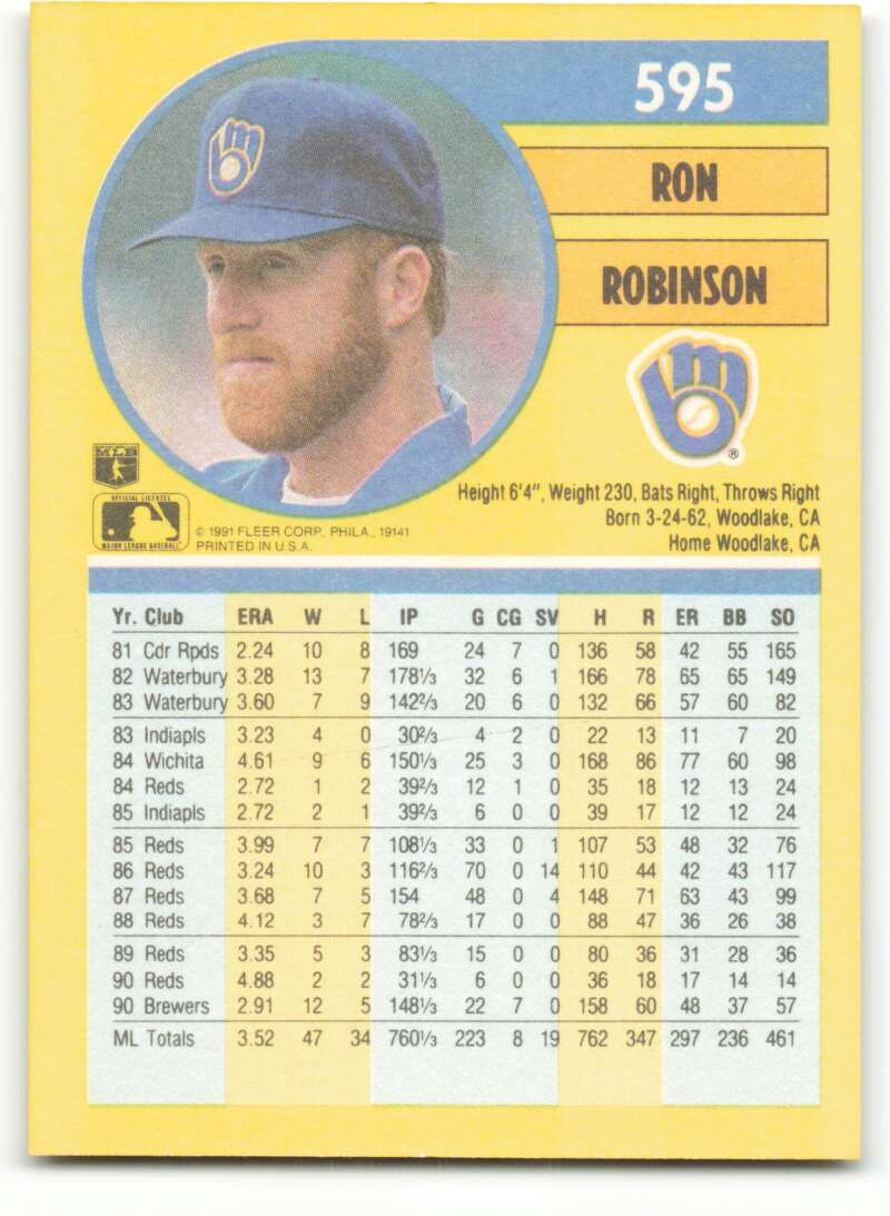 1991 Fleer Baseball #595 Ron Robinson Milwaukee Brewers Image 2
