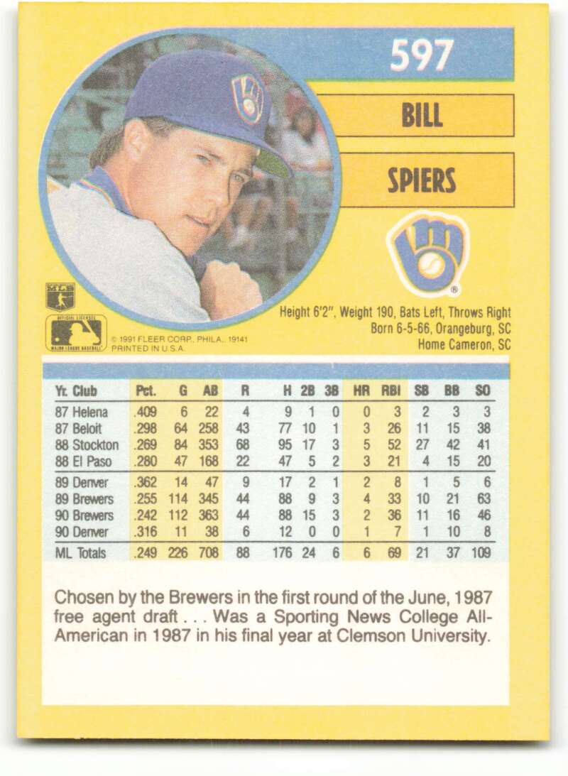 1991 Fleer Baseball #597 Bill Spiers Milwaukee Brewers Image 2