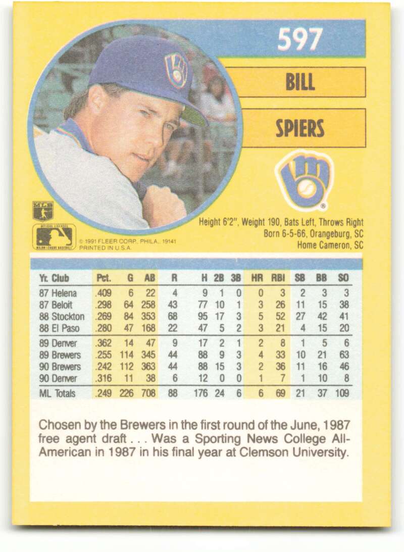 1991 Fleer Baseball #597 Bill Spiers  Milwaukee Brewers  Image 2